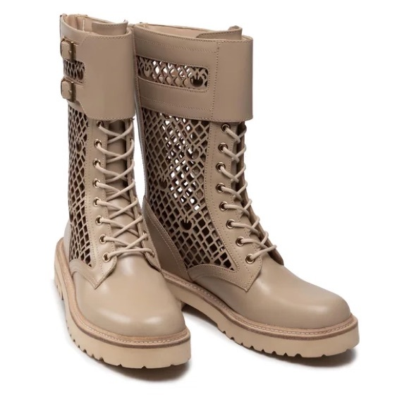 Pinko Beige Leather Combat Boots • Lug Sole • Lace-Up w/ Zipper - Picture 6 of 11